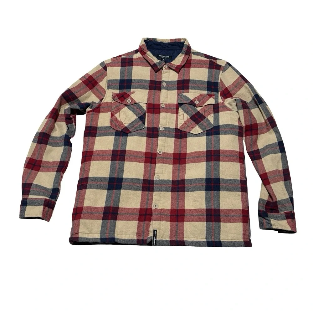 True Religion Men's Quilted Lined Plaid Flannel Shirt Jacket Size Medium 21 x 28